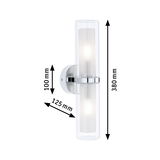 Modern chrome wall light with two cylindrical glass shades measuring 380x125x100 mm for indoor lighting