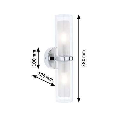 Modern chrome wall light with two cylindrical glass shades measuring 380x125x100 mm for indoor lighting