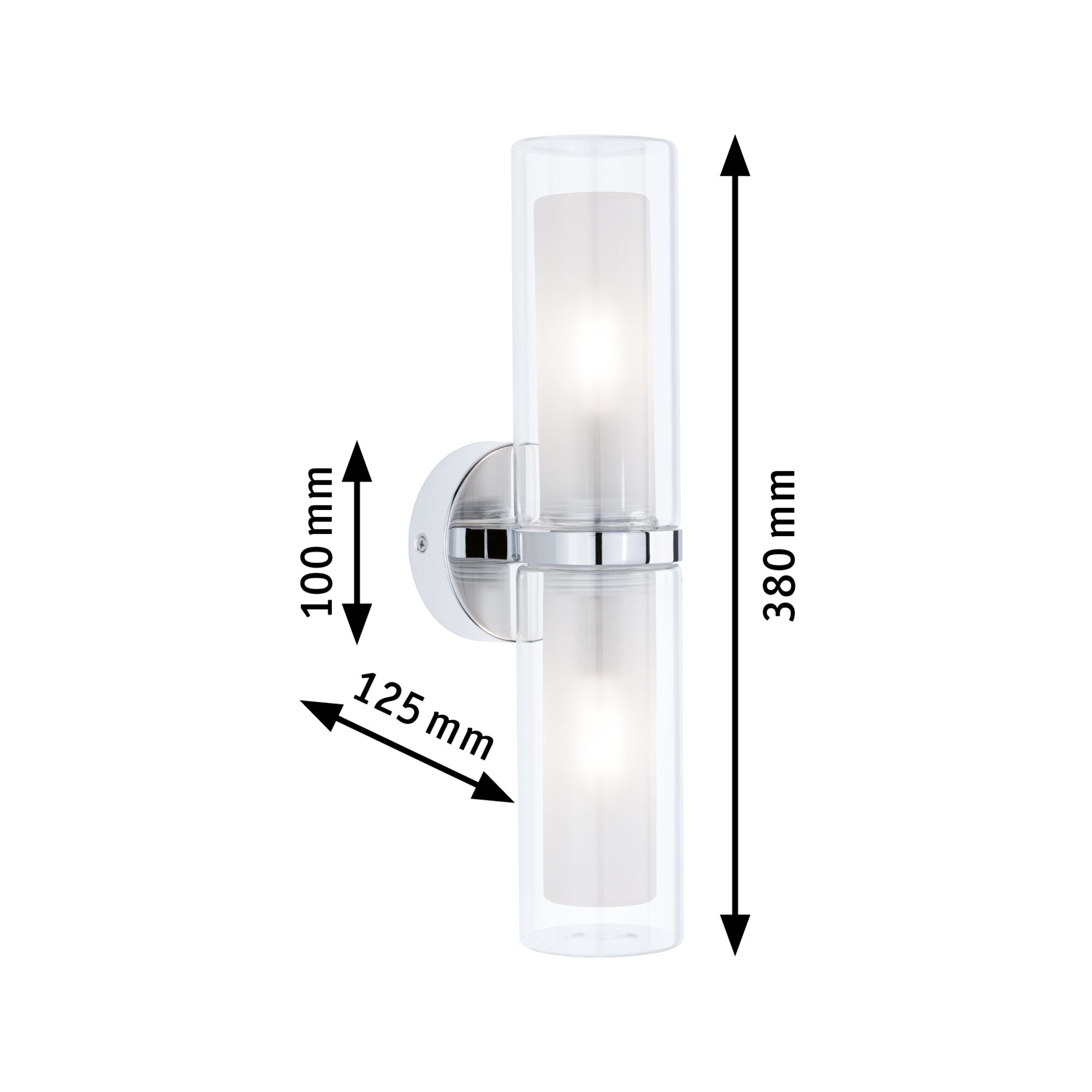 Modern chrome wall light with two cylindrical glass shades measuring 380x125x100 mm for indoor lighting