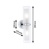 Modern chrome wall light with two cylindrical glass shades measuring 380x125x100 mm for indoor lighting