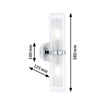 Modern chrome wall light with two cylindrical glass shades measuring 380x125x100 mm for indoor lighting