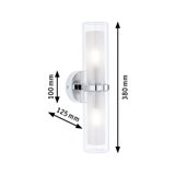 Moderne chromen wandlamp met twee cilindervormige glazen kappen, afmetingen 380x125x100 mm
