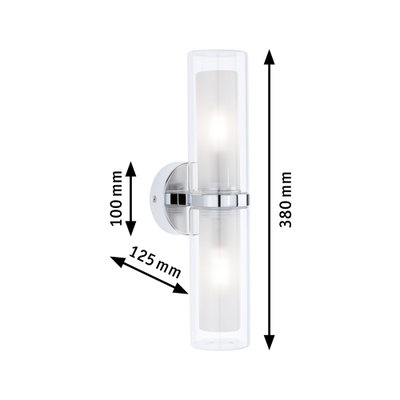 Moderne chromen wandlamp met twee cilindervormige glazen kappen, afmetingen 380x125x100 mm