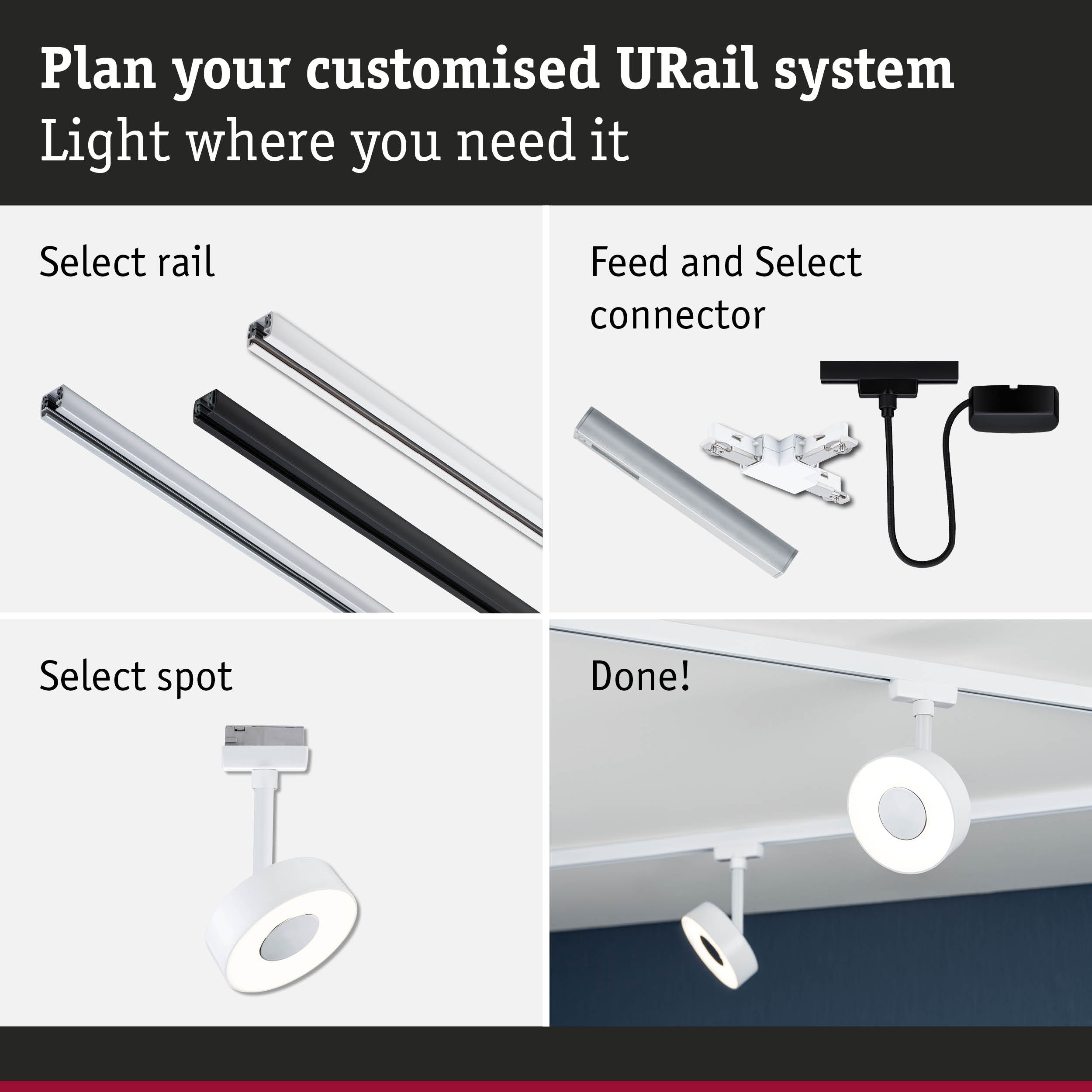Modular URail track system with white and black rails and LED spotlights for flexible lighting solutions