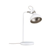 White metal desk lamp with adjustable shade and beige textile cable for office lighting