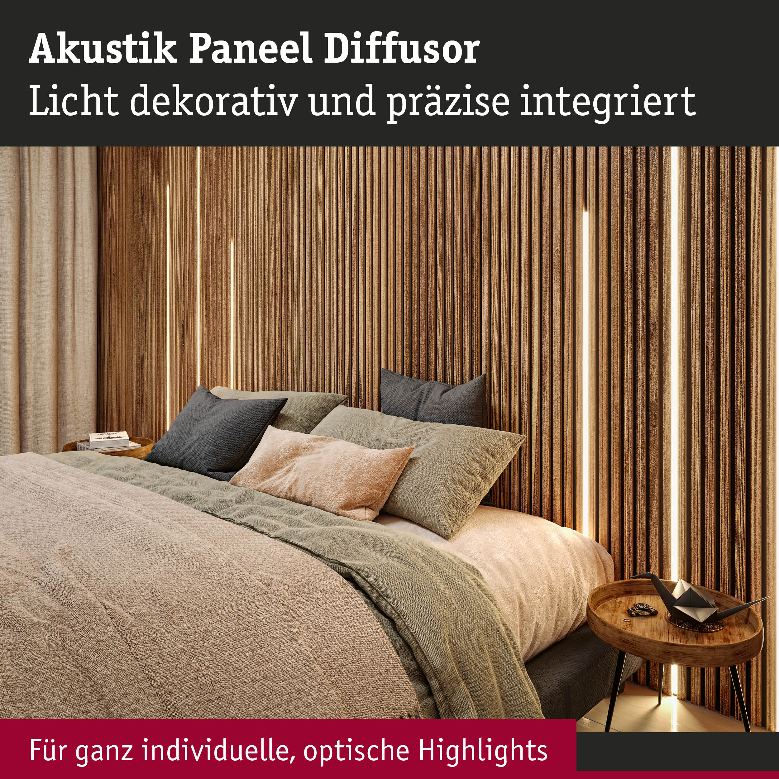 Akustik Paneel Diffusor aus Holz mit integrierter Lichtleiste für individuelle Raumgestaltung und Akustik.