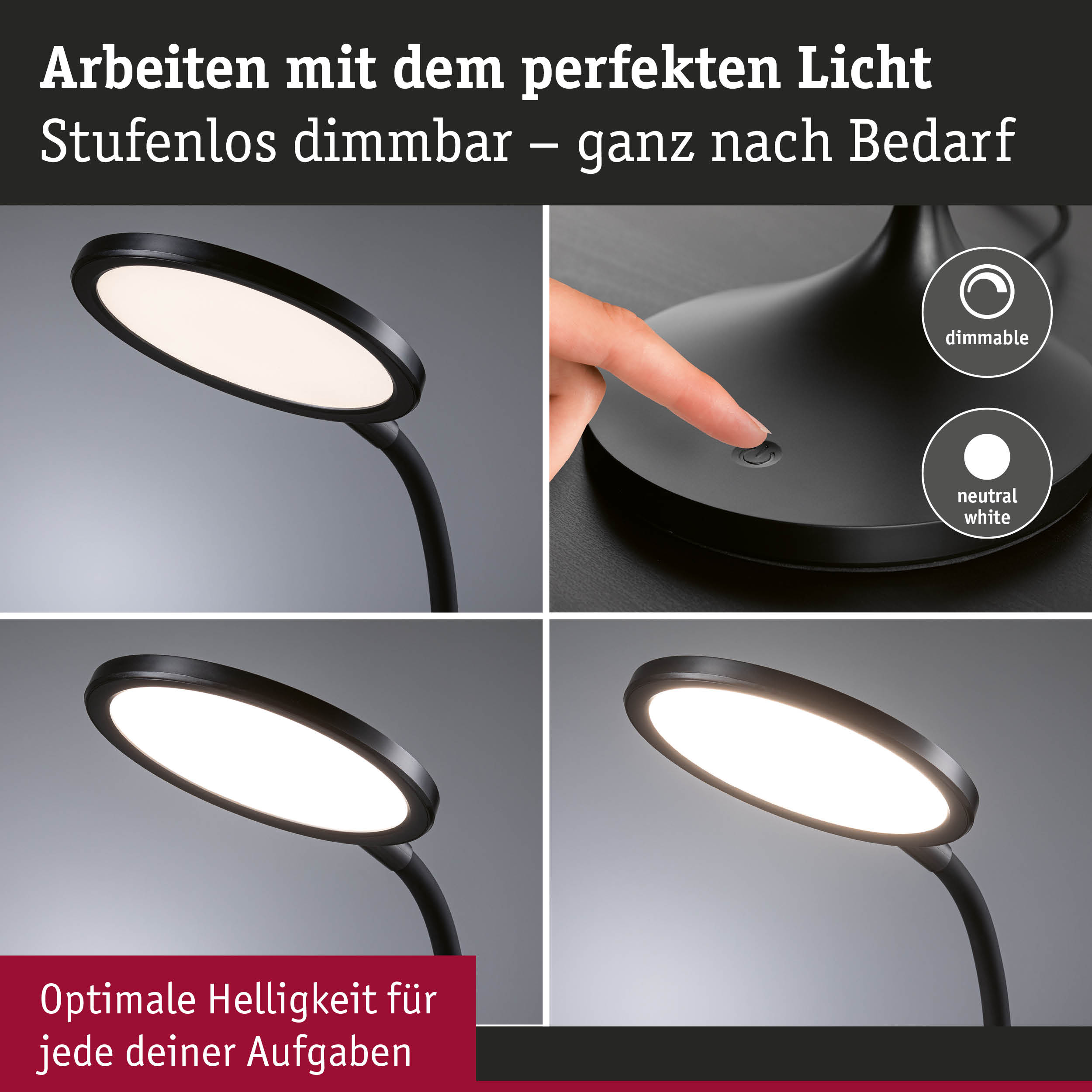 Schwarze dimmbare LED-Schreibtischlampe mit flexiblem Hals und neutralweißem Licht für optimale Helligkeit