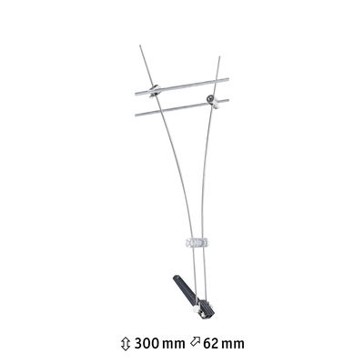Edelstahl-Seilabhängung mit schwarzem Kunststoffteil und transparentem Clip, 300 mm hoch, 62 mm breit