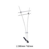 Edelstahl-Seilabhängung mit schwarzem Kunststoffteil und transparentem Clip, 300 mm hoch, 62 mm breit