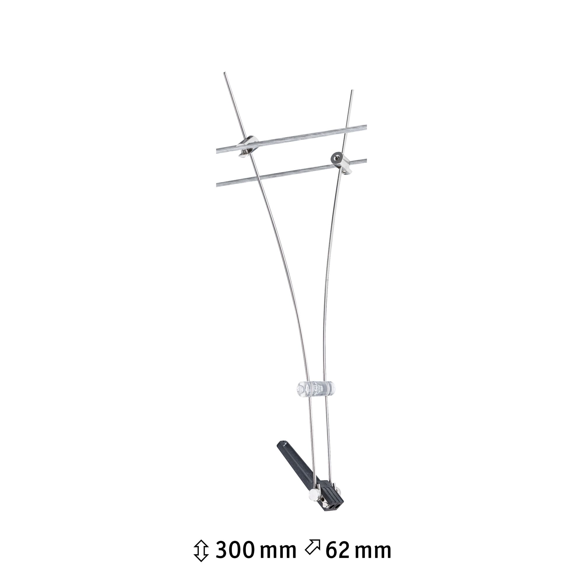 Stainless steel cable suspension with black plastic part and clear clip, 300 mm height, 62 mm width