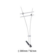 Stainless steel cable suspension with black plastic part and clear clip, 300 mm height, 62 mm width