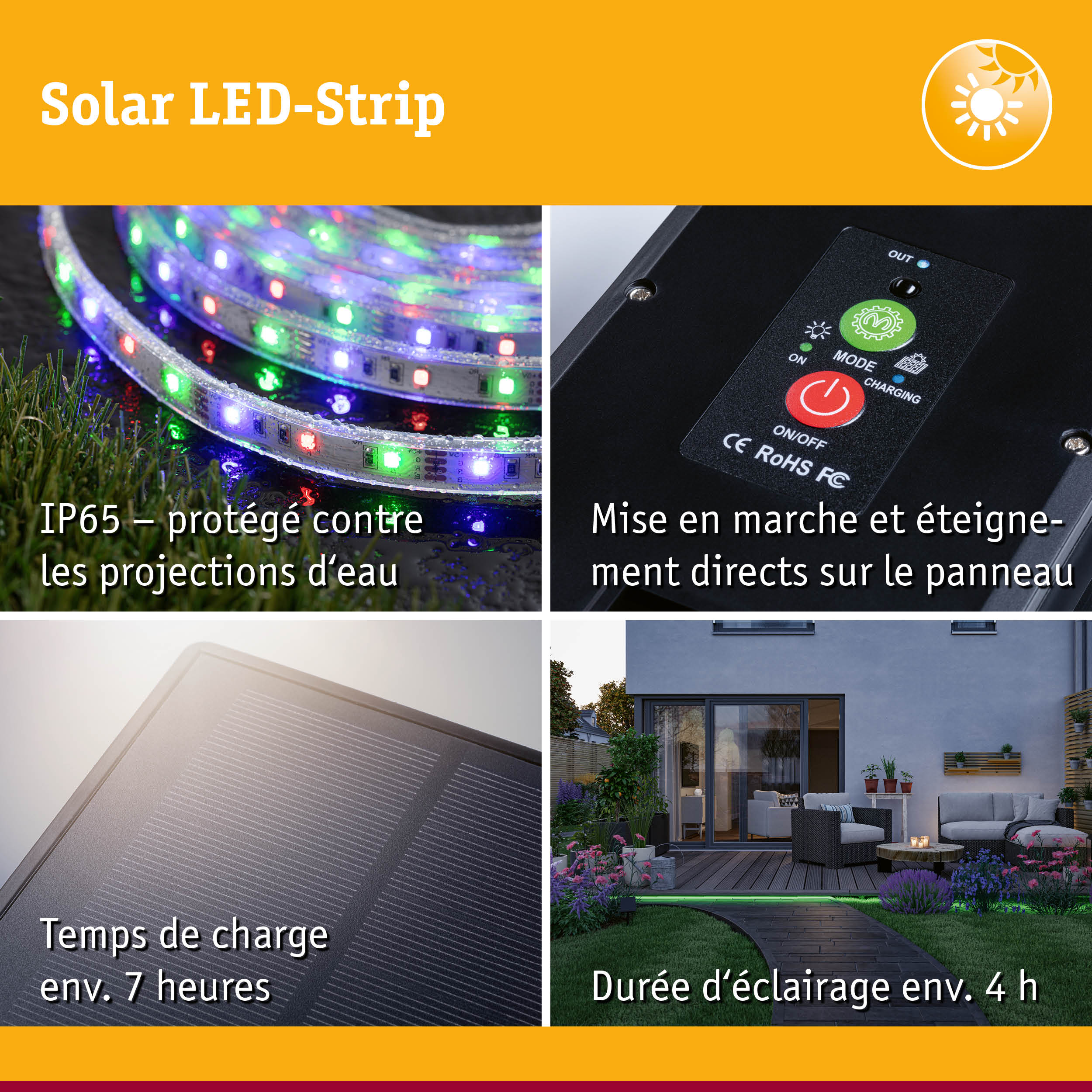 Bande LED solaire IP65 résistante à l'eau, interrupteur direct, panneau solaire et éclairage de jardin