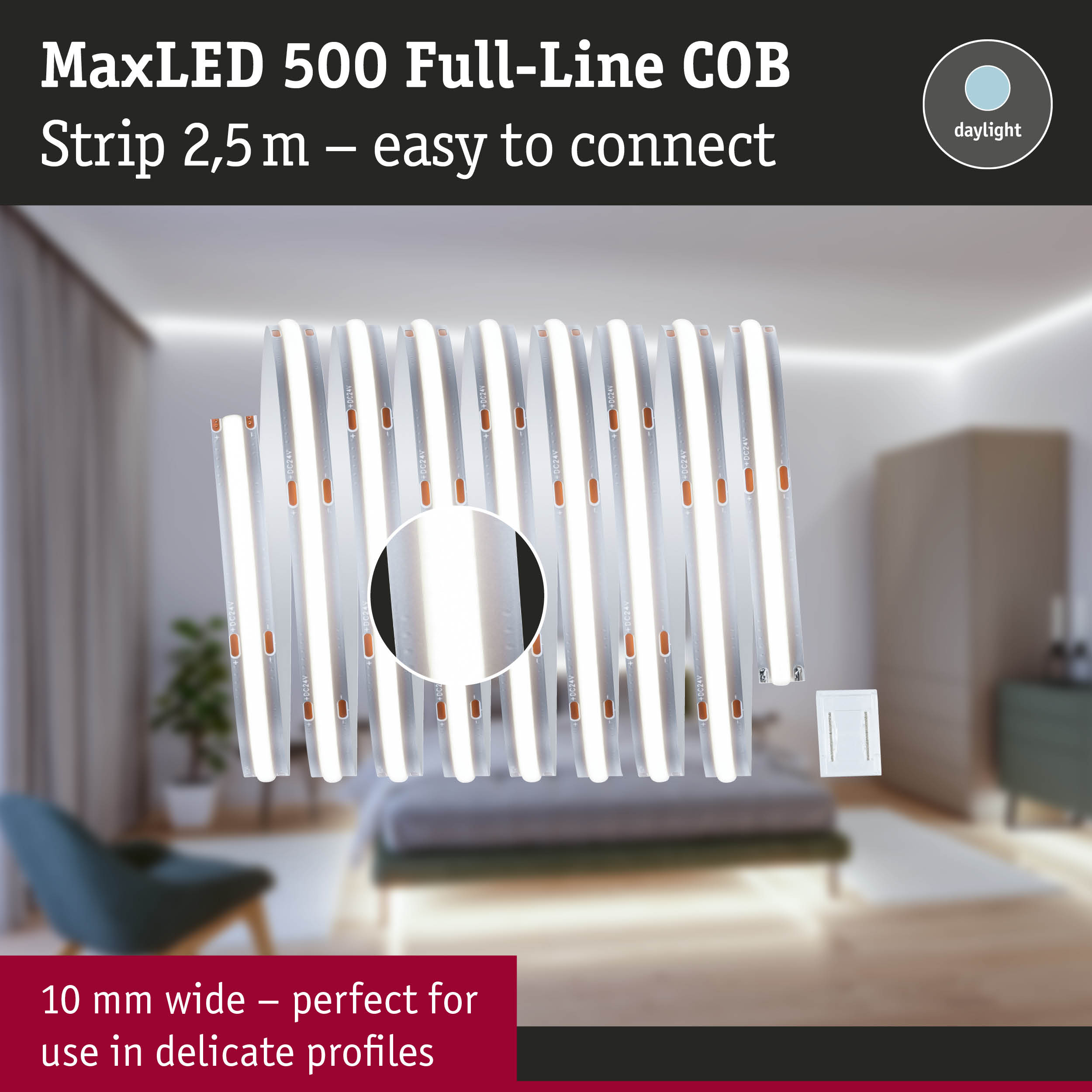 MaxLED 500 Full-Line COB LED strip 2.5 m daylight white, 10 mm wide for delicate profile lighting