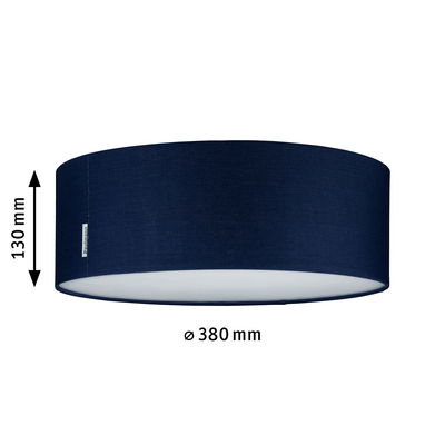 Round ceiling light with dark blue fabric shade and white diffuser, 380 mm diameter
