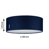 Round ceiling light with dark blue fabric shade and white diffuser, 380 mm diameter