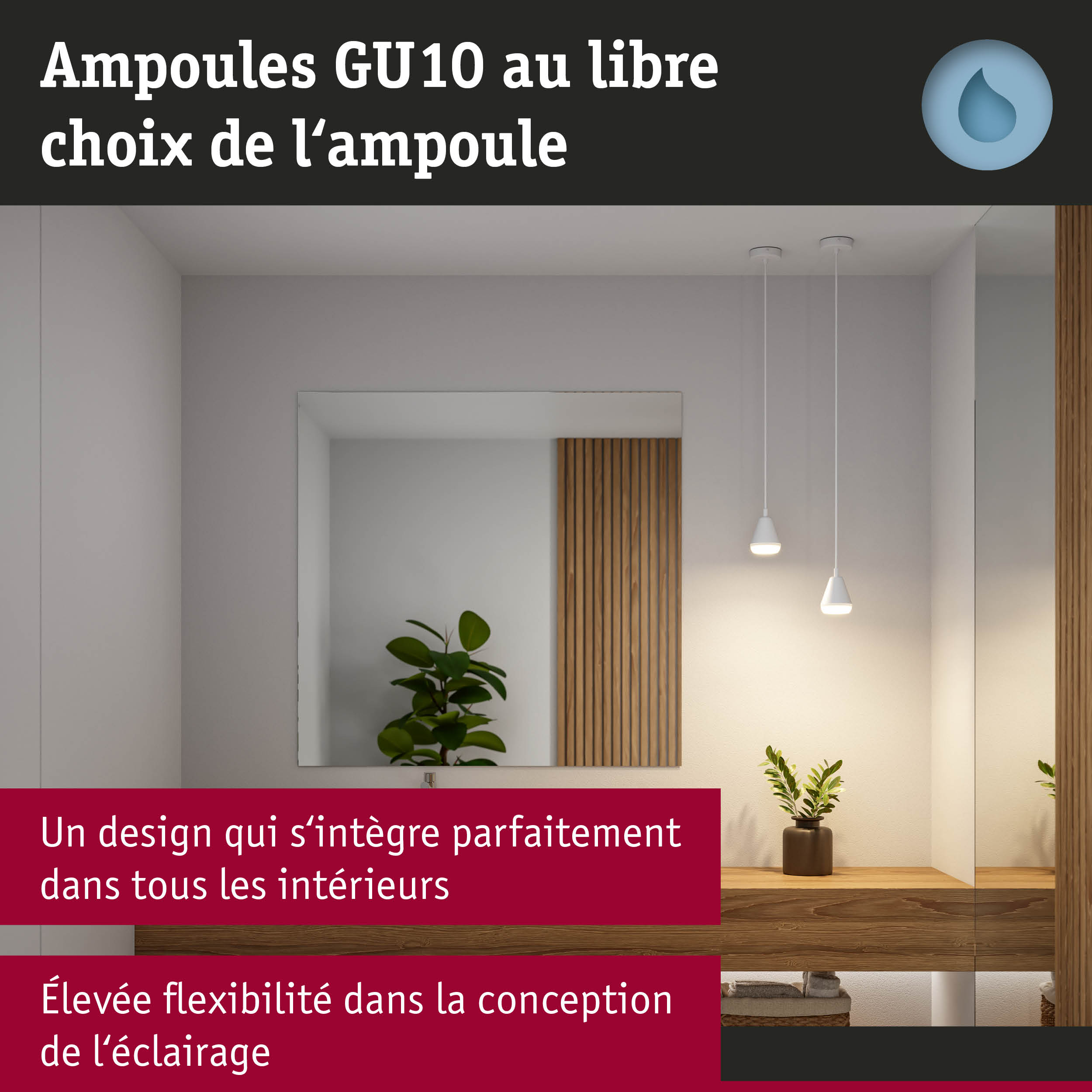 Miroir de salle de bain moderne avec étagère en bois et suspensions blanches pour éclairage flexible