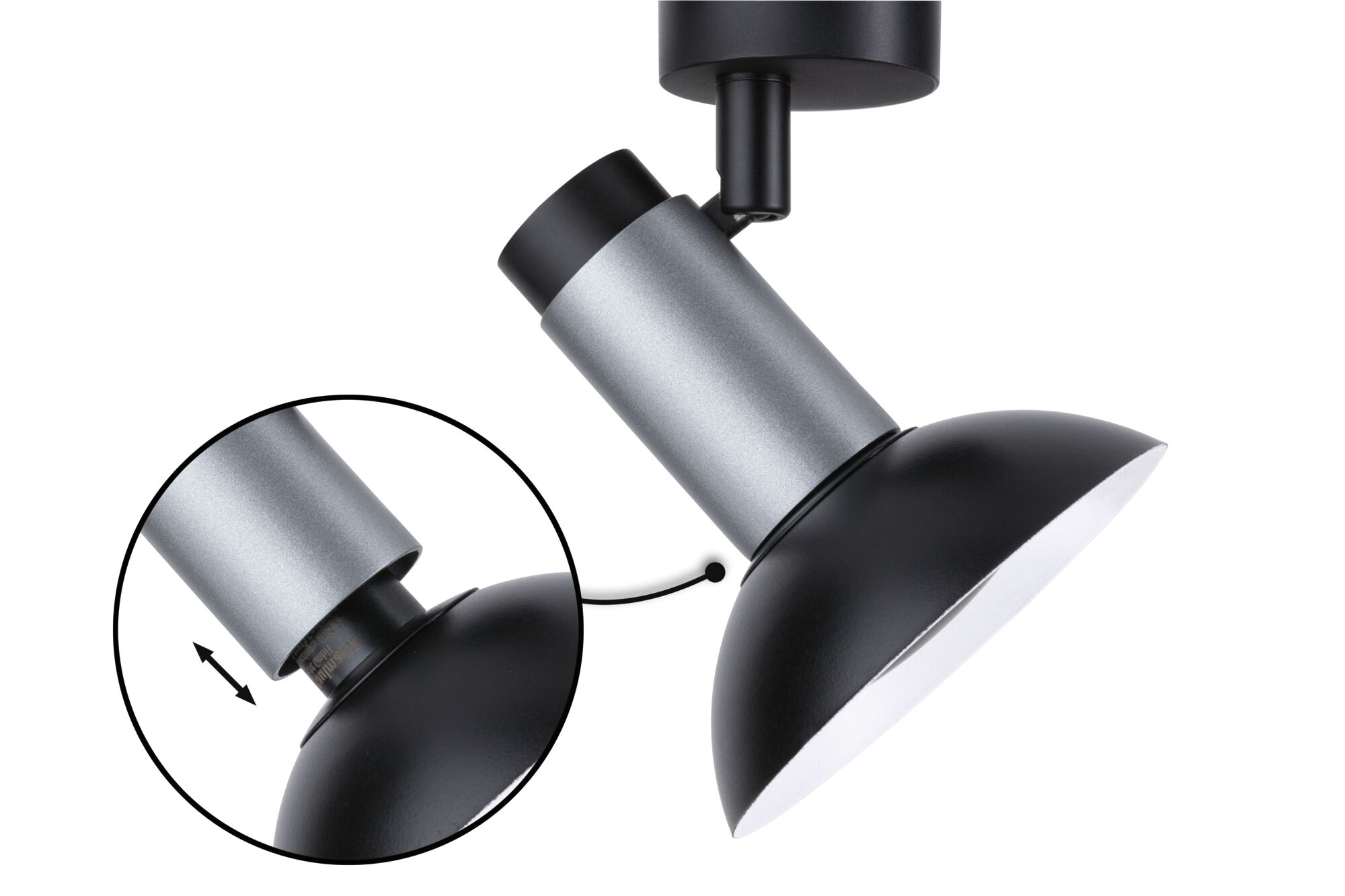 Black and silver metal LED ceiling light with adjustable shade for focused lighting in rooms
