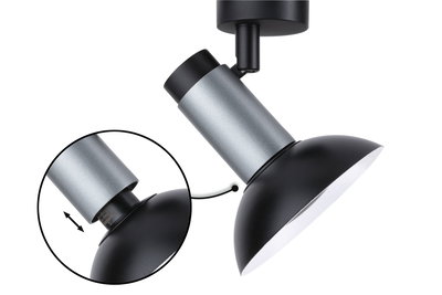 Black and silver metal LED ceiling light with adjustable shade for focused lighting in rooms
