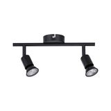 Black metal LED ceiling light with two adjustable spotlights for modern room lighting
