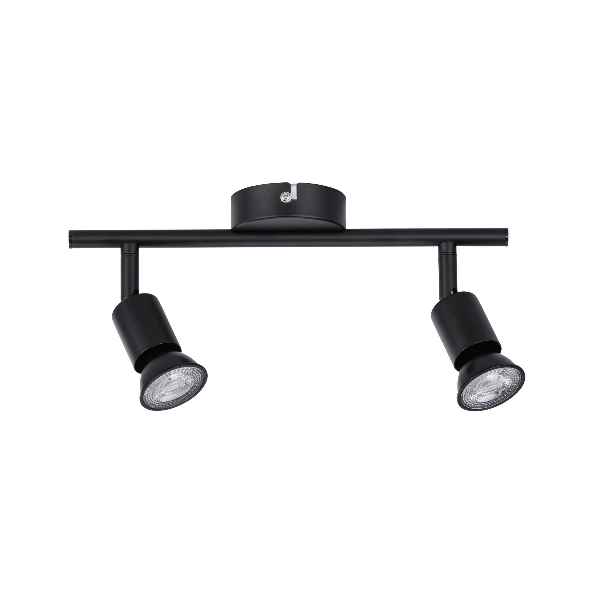 Black metal LED ceiling light with two adjustable spotlights for modern room lighting