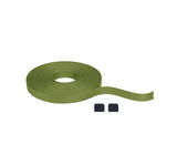 Grünes Textilband mit feiner Struktur und zwei schwarzen Endkappen für flexible Befestigung.