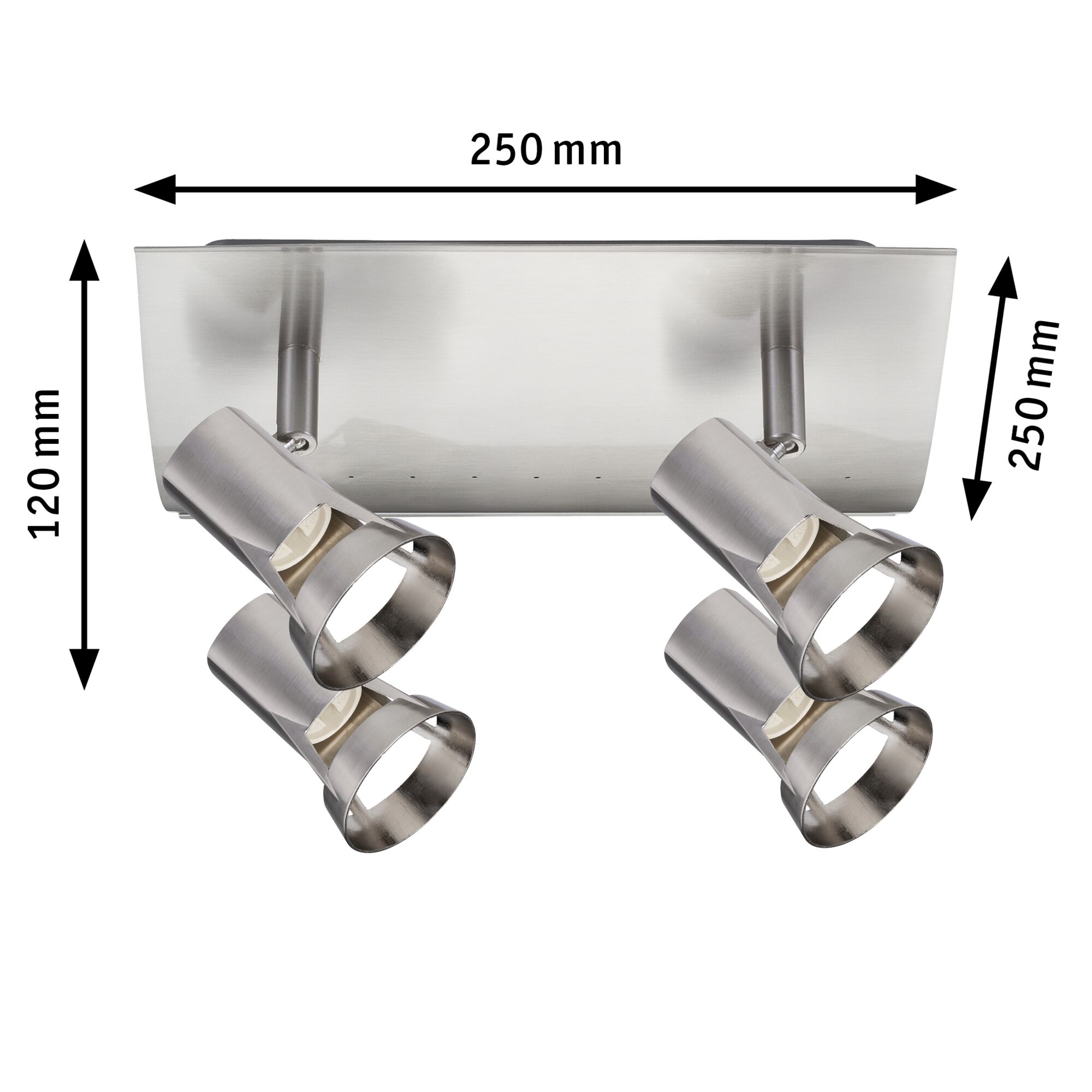 Four-light ceiling spotlight in brushed stainless steel with adjustable heads and size details.