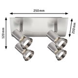 Four-light ceiling spotlight in brushed stainless steel with adjustable heads and size details.