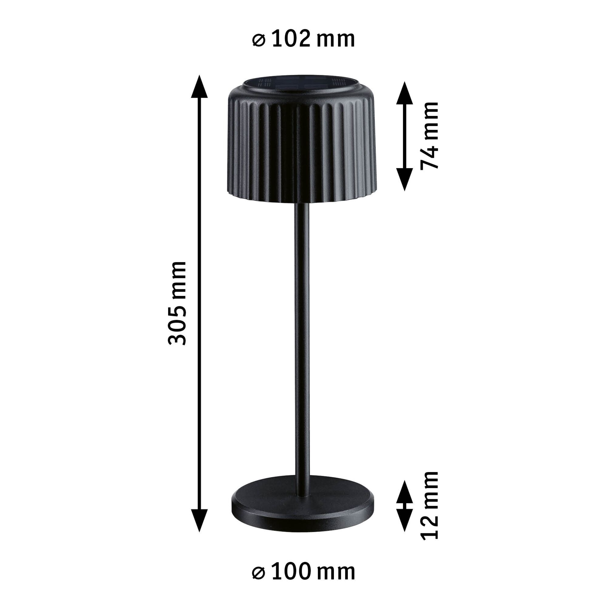 Black metal table lamp with ribbed shade and dimensions for modern LED lighting design