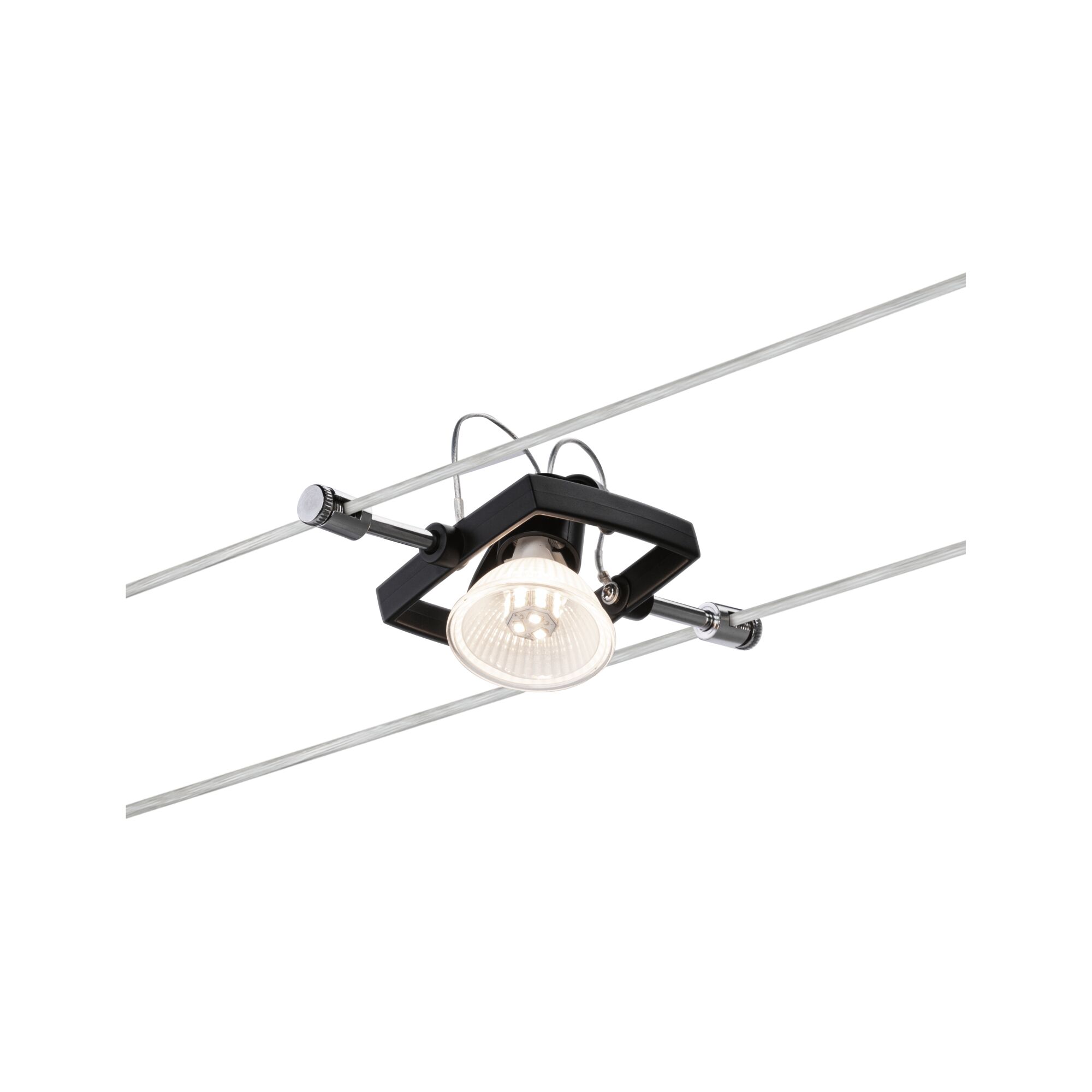 Black LED cable spotlight with clear glass and chrome mounts for modern cable lighting systems
