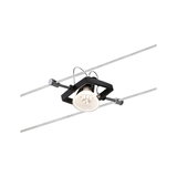 Black LED cable spotlight with clear glass and chrome mounts for modern cable lighting systems