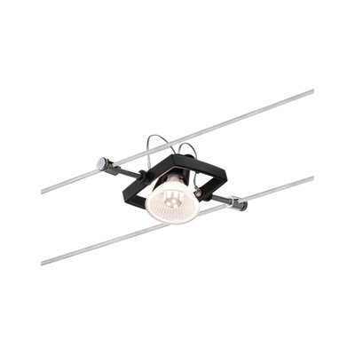 Black LED cable spotlight with clear glass and chrome mounts for modern cable lighting systems