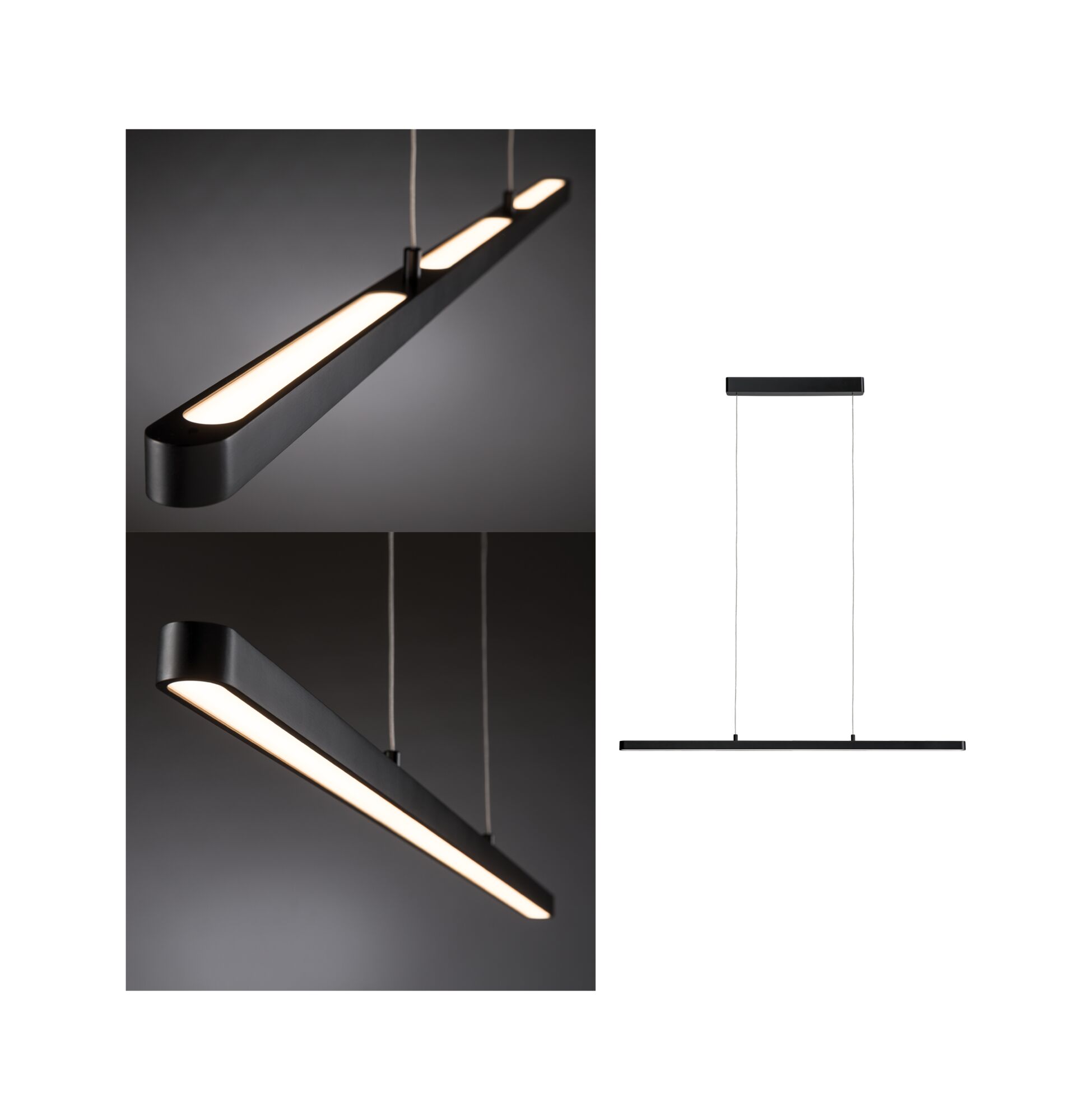 Schwarze LED-Pendelleuchte aus Metall mit warmweißem Licht für moderne Innenräume