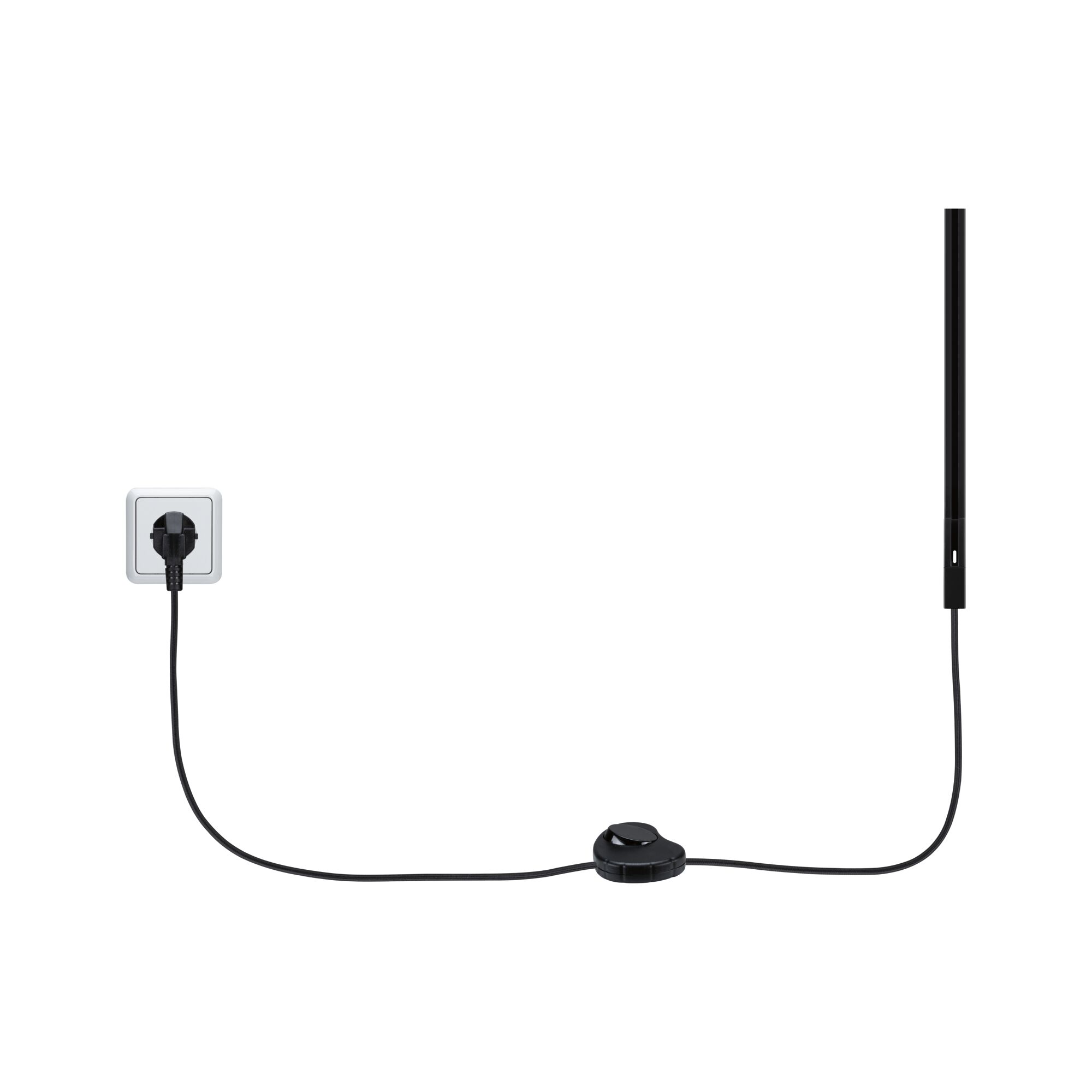 Sort strømkabel med dæmper og stik tilsluttet hvid stikkontakt til LED-belysning