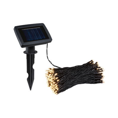 Solar-powered LED string lights with black plastic stake and warm white glow for outdoor lighting