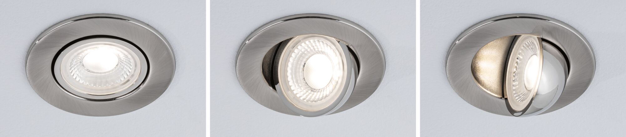 Drei verstellbare Einbaustrahler aus gebürstetem Edelstahl mit LED-Licht für moderne Raumbeleuchtung