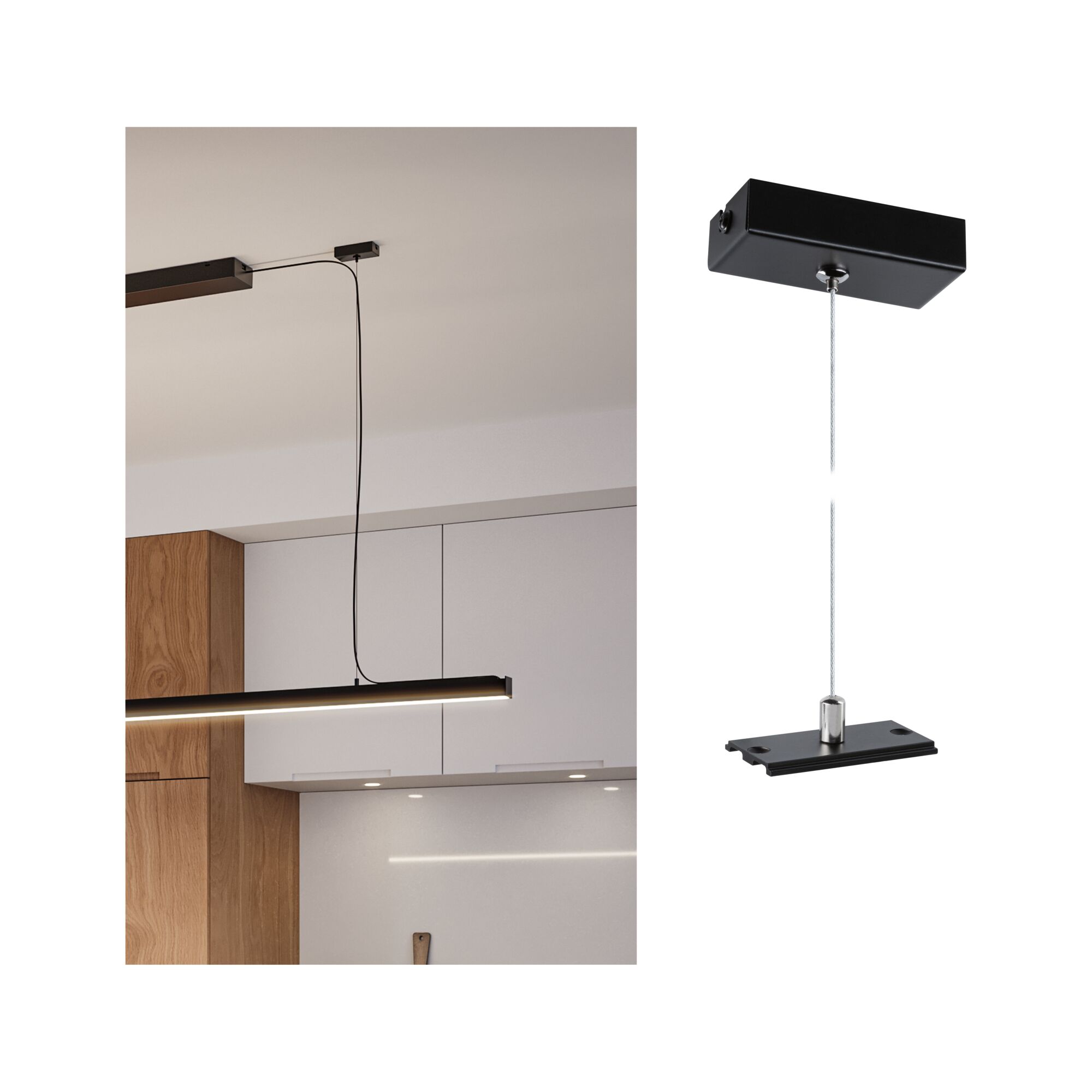 Schwarze LED-Pendelleuchte aus Metall mit dünnem Design, ideal für moderne Küchenbeleuchtung.