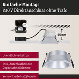 Einbau-LED-Downlight in Silber mit 55 mm Einbautiefe und Anschlussbox für 230V Direktanschluss ohne Trafo