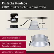 Silberner Einbaustrahler aus Metall mit Anschlussbox und Doppelschnellklemme für 230V Direktanschluss
