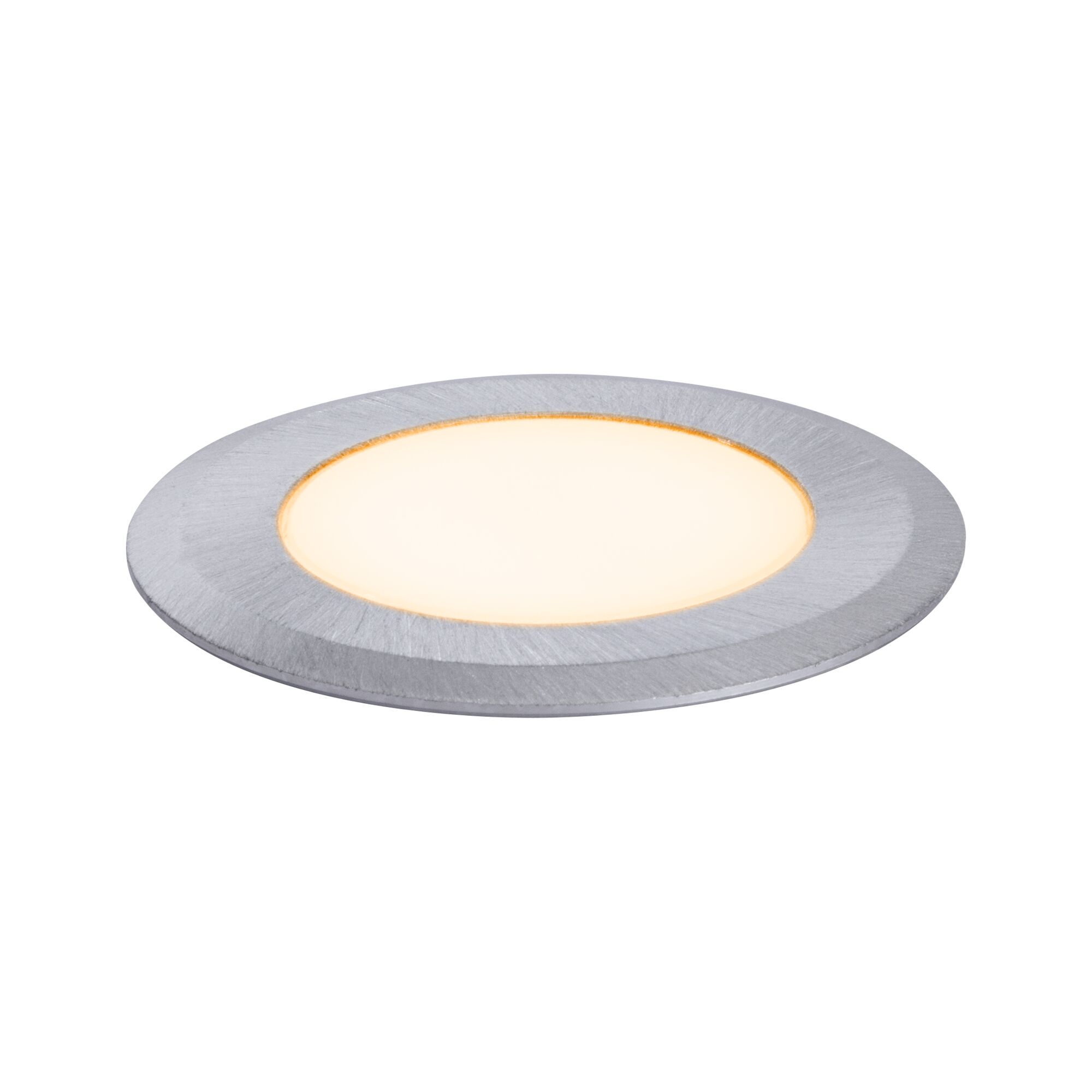 Round LED recessed panel in brushed silver aluminum with warm white light for modern lighting