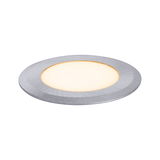 Round LED recessed panel in brushed silver aluminum with warm white light for modern lighting
