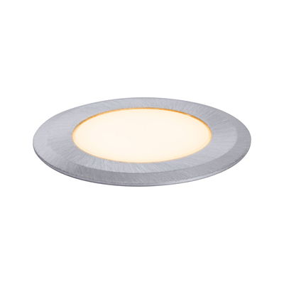 Round LED recessed panel in brushed silver aluminum with warm white light for modern lighting