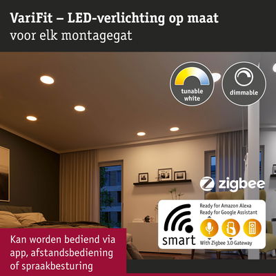 VariFit LED-inbouwspots met instelbaar wit licht en dimfunctie in een moderne woonkamer