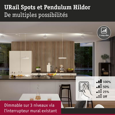 Éclairage de cuisine blanc moderne avec spots URail et suspension Hildor dimmables