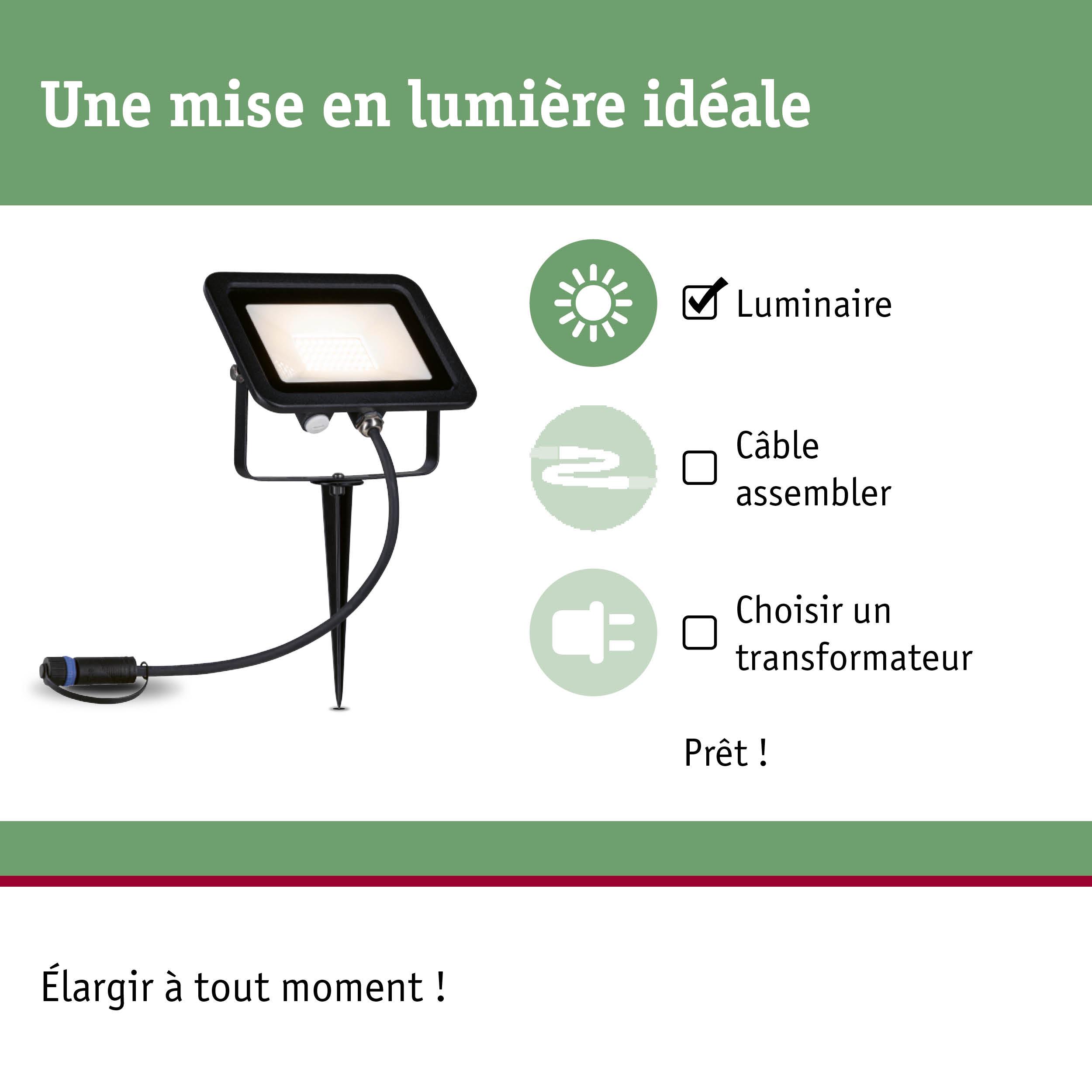 Projecteur LED noir avec piquet de terre et câble pour éclairage extérieur