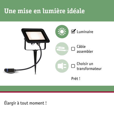 Projecteur LED noir avec piquet de terre et câble pour éclairage extérieur
