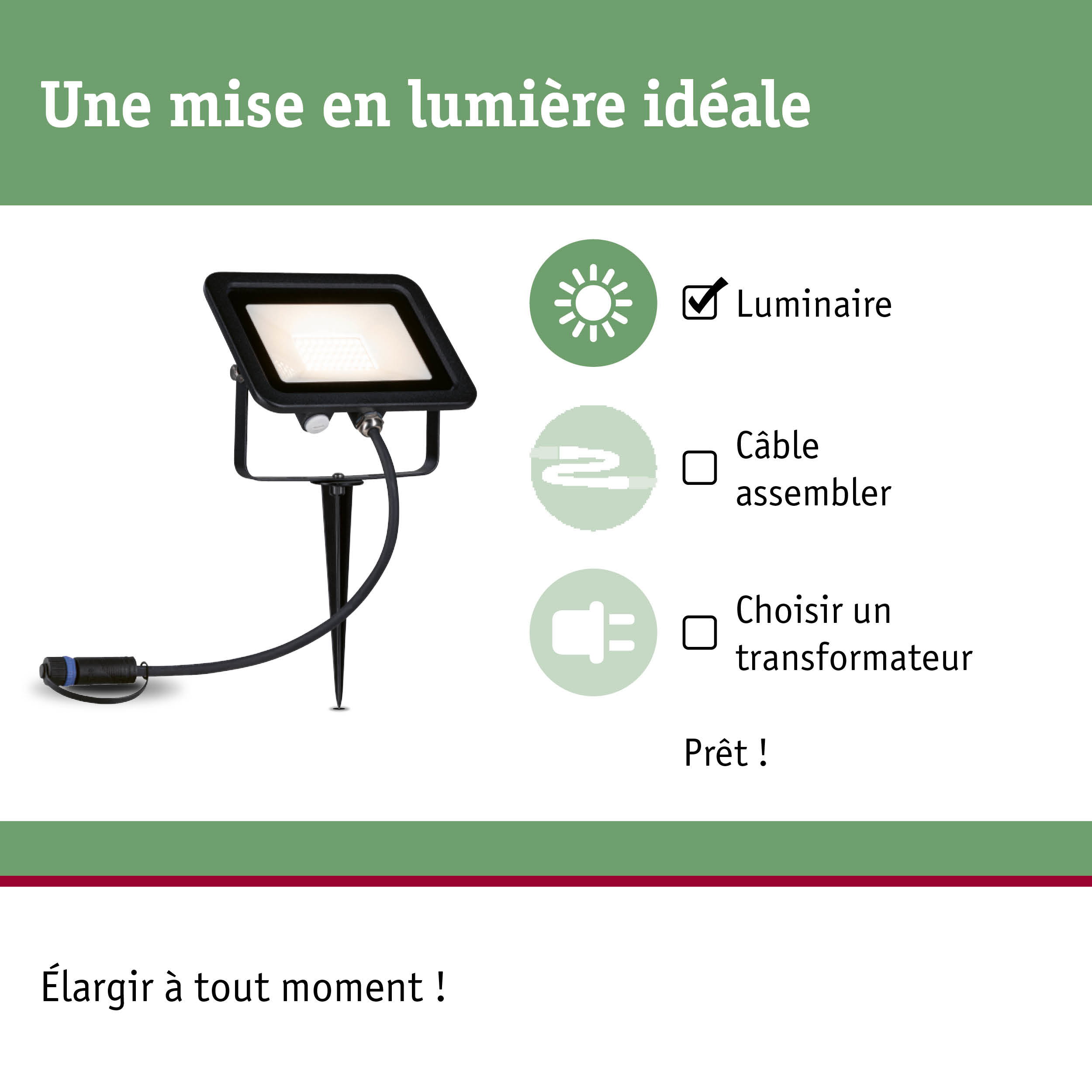 Projecteur LED extérieur noir avec piquet de terre et câble pour éclairage de jardin