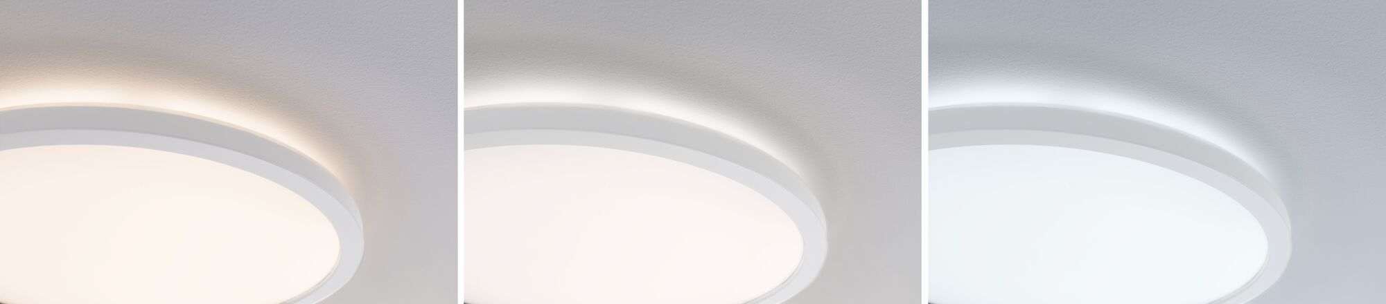 Three white round LED ceiling lights showing different light colors for home lighting