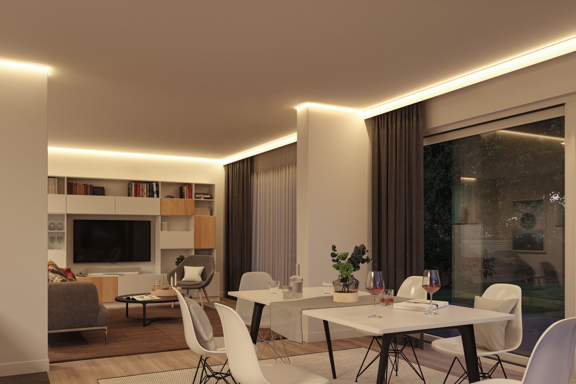 Salon moderne avec éclairage LED indirect blanc chaud au plafond et mobilier contemporain.