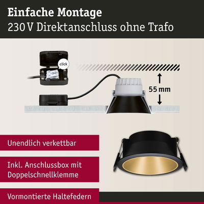 Schwarzer Einbaustrahler mit goldfarbener Innenfläche und 230V Direktanschluss ohne Trafo, 55 mm Einbautiefe