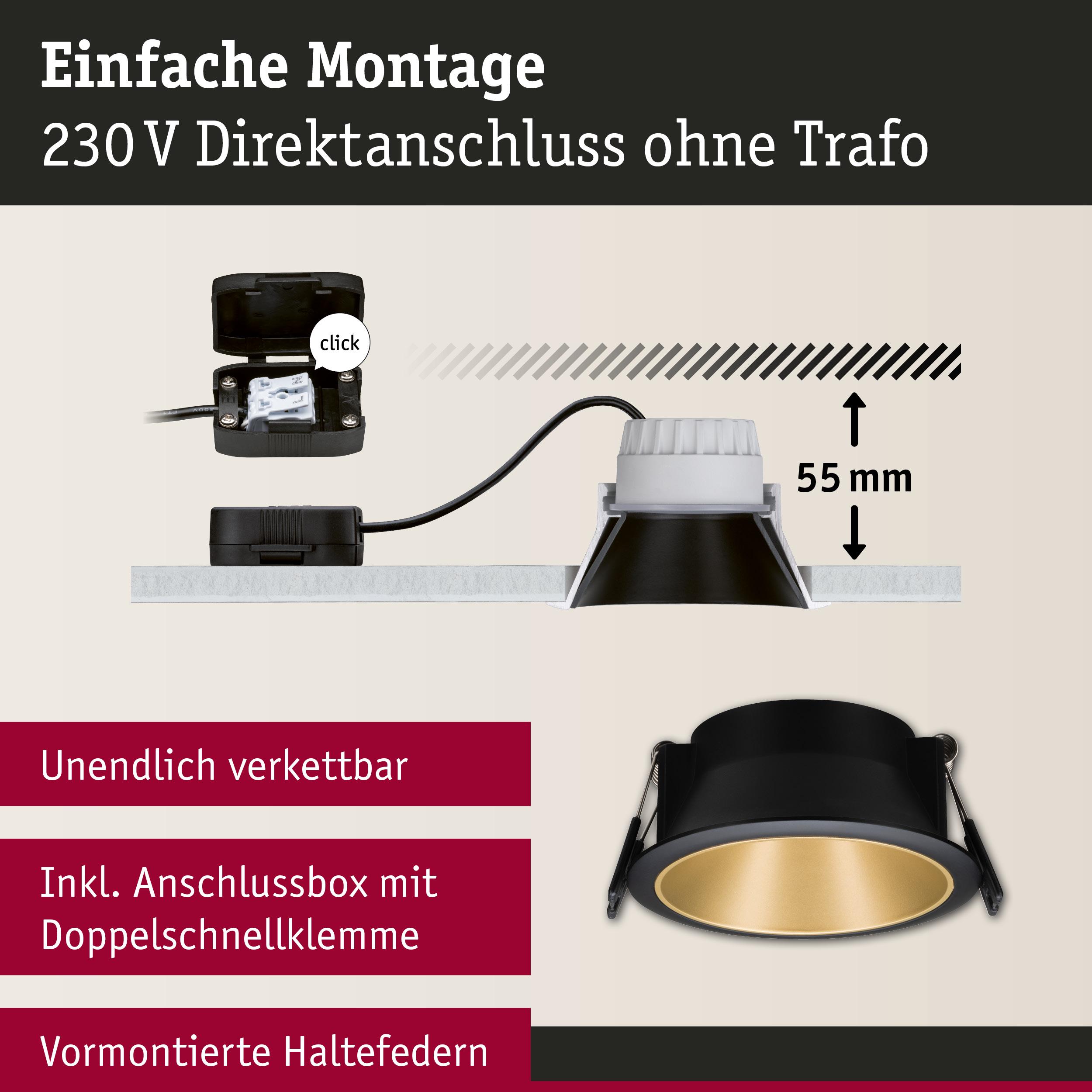 Schwarzer Einbaustrahler mit goldfarbener Innenfläche und 230V Direktanschluss ohne Trafo, 55 mm Einbautiefe